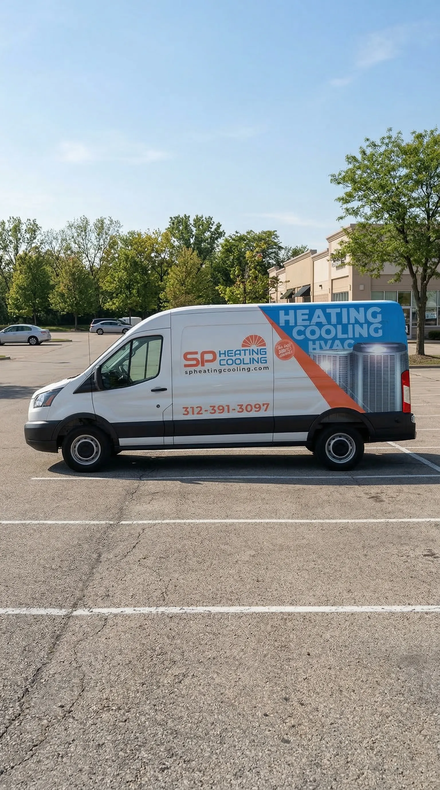 SP Heating and Cooling white service van wrap