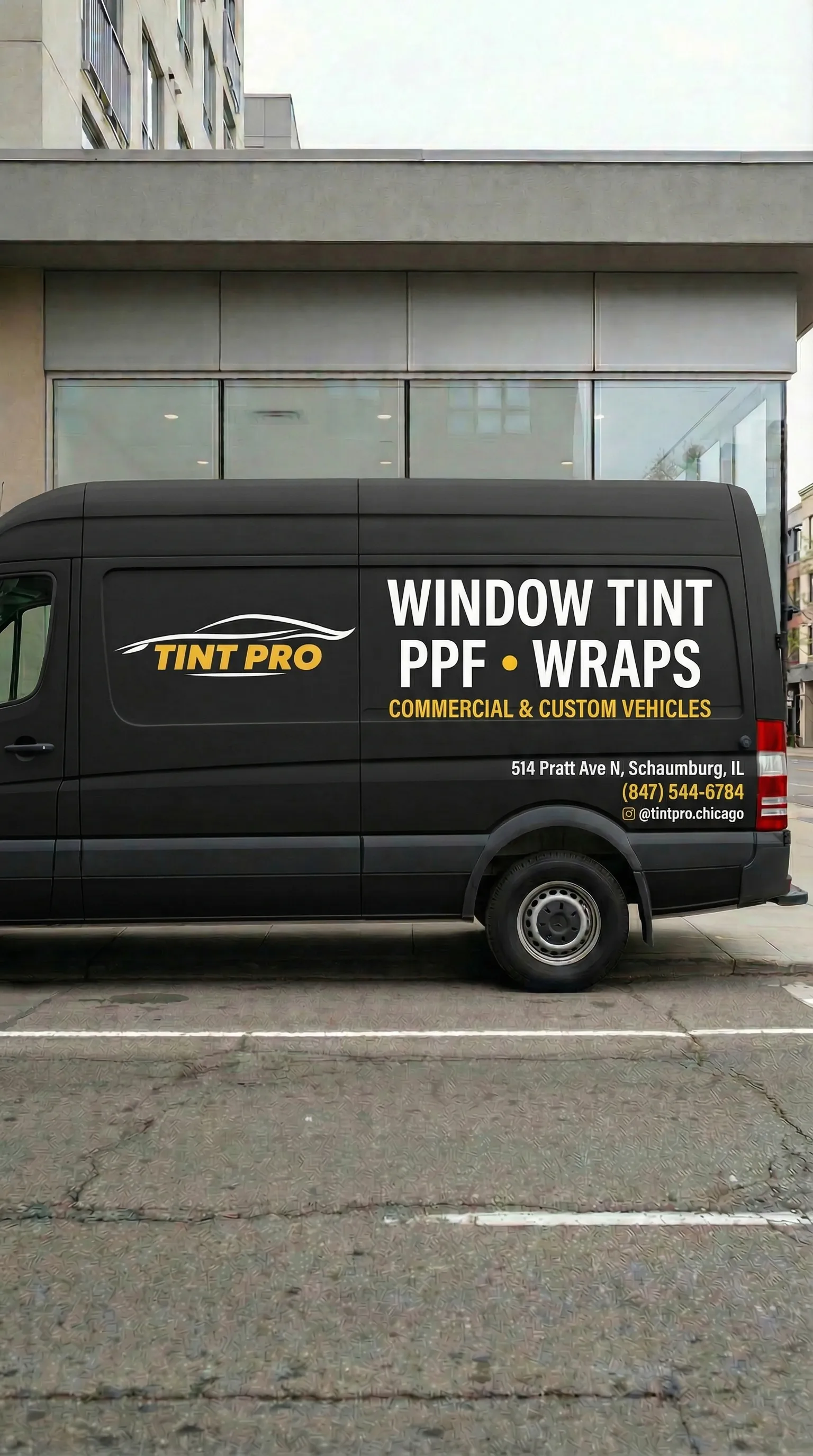 Tint Pro black Sprinter commercial wrap